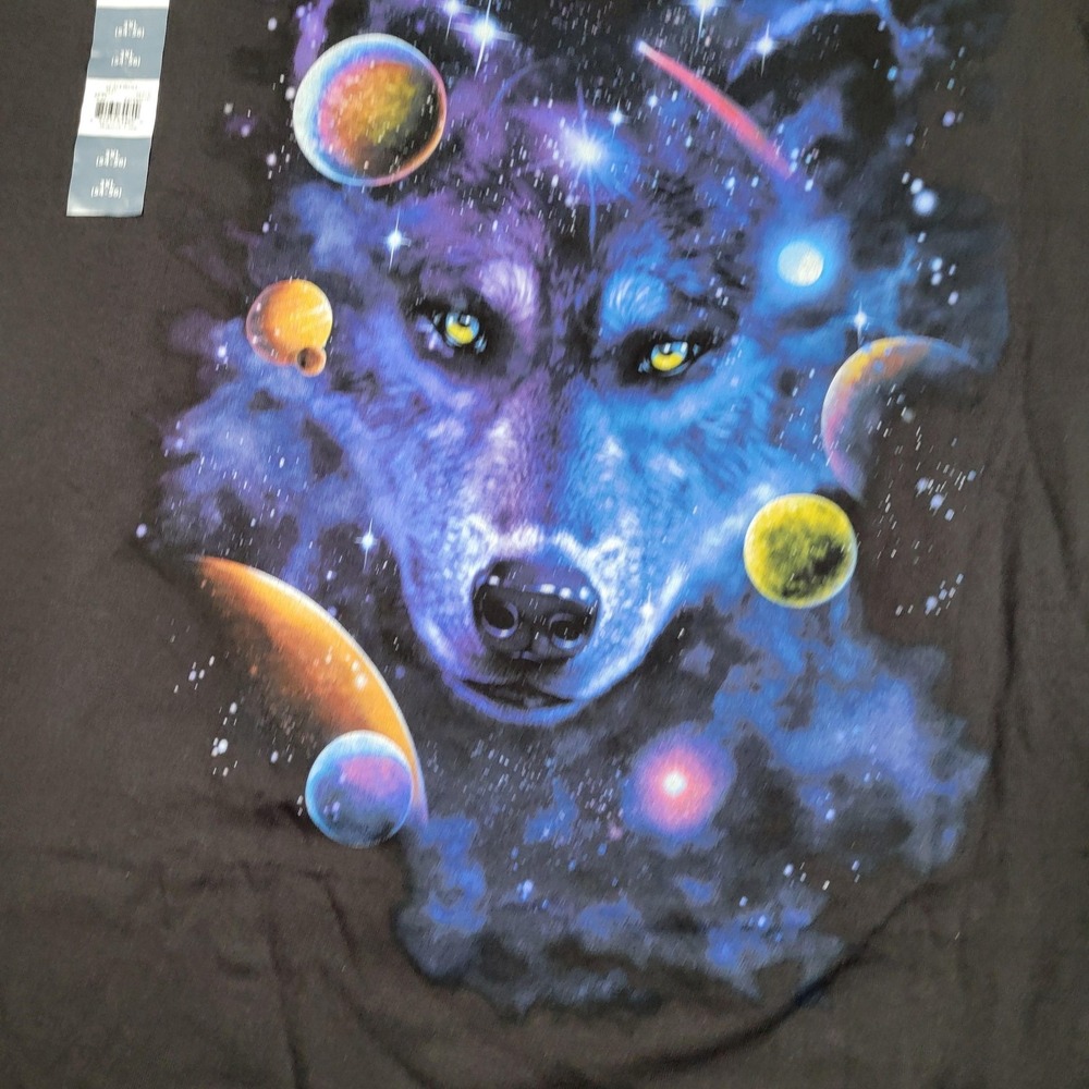Space Wolf T-Shirt Mens 3XL Black Galaxy Planets Cosmic Graphic Relaxed Fit TEE